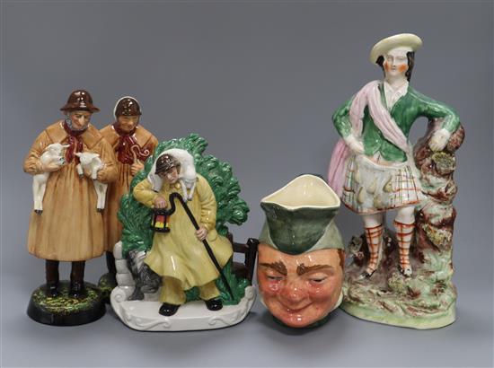 Two Royal Doulton figures: Lambing Time and The Shepherd, a Staffordshire figure, a Masons figure and